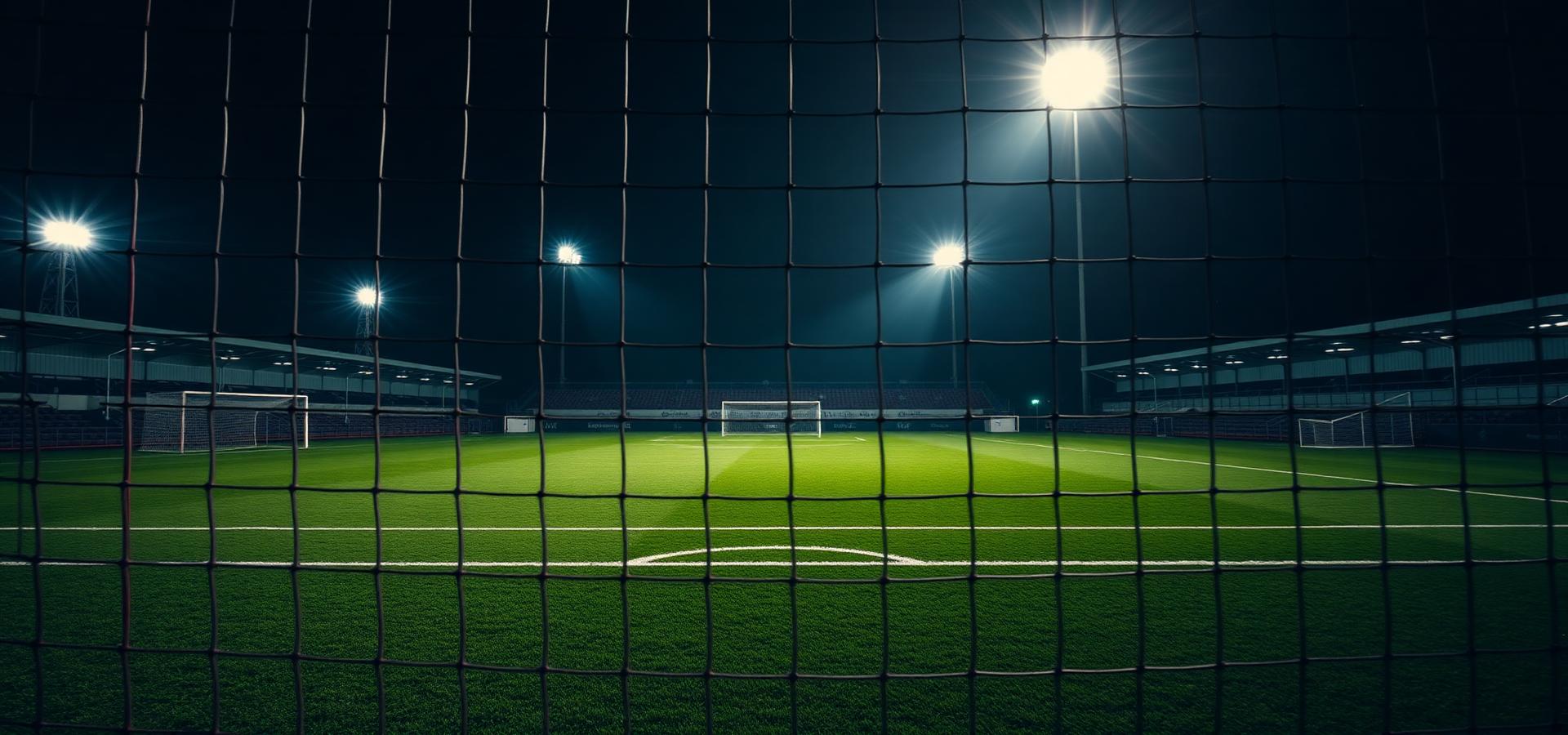 Campo society iluminado à noite visto atrás do gol